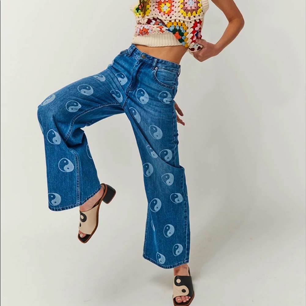 Ghanda Blue High Rise Wide Leg Jeans with Yin Yang Print
